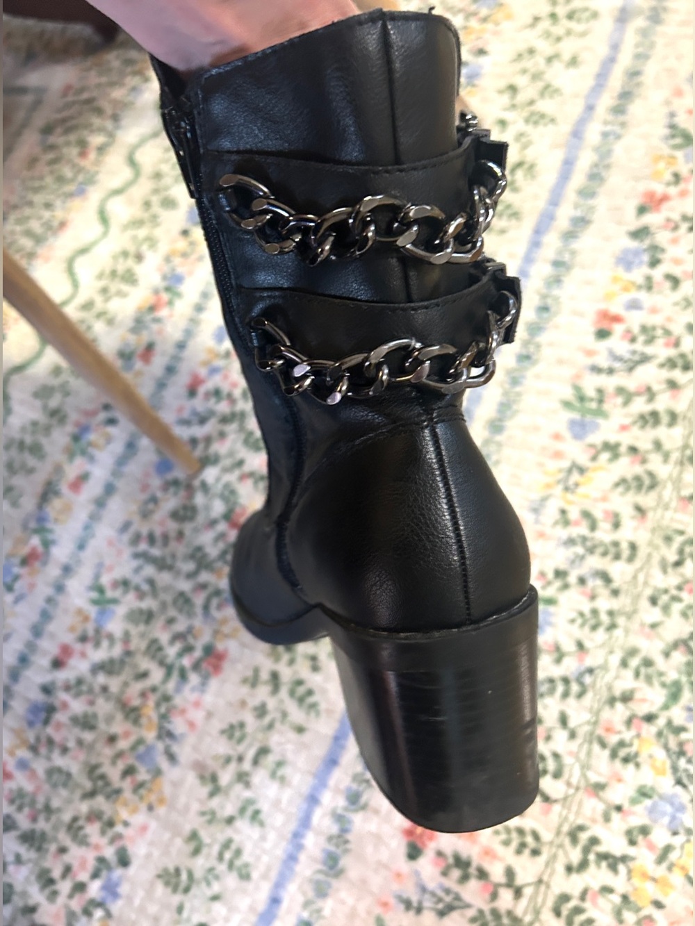 Fergalicious “Wishful” Black Heeled Moto Boots w/ Buckle & Chain detail | 9.5